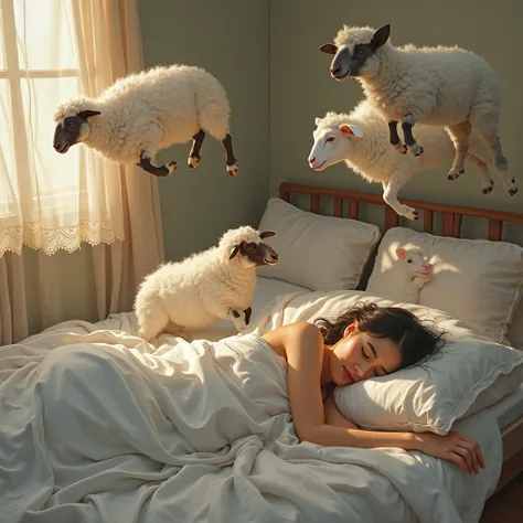 Realistically A women happily sleeping peacefully while sheep jump over the bed, looking bored.