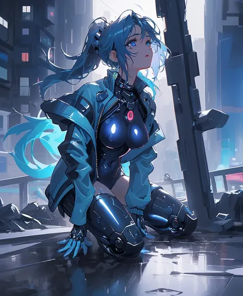 (masterpiece), (top quality), super high resolution, Sharp focus, (( 1 female, alone)), full body, detailed face、Sparkling detailed blue eyes、 cyberpunk theme 、navy blue enamel gloss bodysuit、 Beautiful Detailed Hair, dark blue hair, Long hair hanging down...