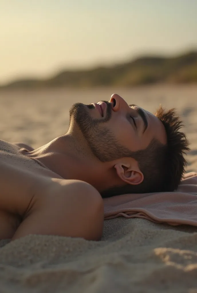 Close-up of a man lying on the sand with his face covered 