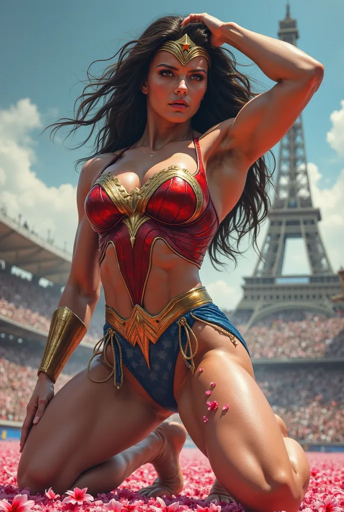 paris olympics games,(masterpiece, best quality, highres, UHD, perfect pixel, depth of field, 4k, RTX, HDR),(spread legs and show pussy:1.0),(pussy juice overflowing from the pussy:1.0),(powerful and huge giant hairy woman:1.2),(Porn actress:1.2),(big brea...