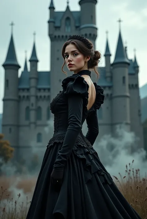 A girl dressed in a maid mature woman stands in front of a large castle. The intricate details of her black dress contrast with her soft skin as wisps of smoke curl around the dark castle.