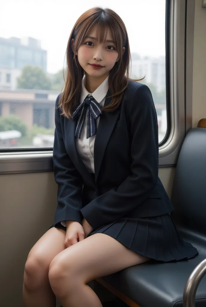  super realistic,  A realistic depiction of a Japanese high school girl sitting on a train seat..  she wears a traditional school uniform ,   including a navy blue blazer  , white shirt, pleated skirt,  A neatly tied ribbon or ribbon .   false lashes, her ...