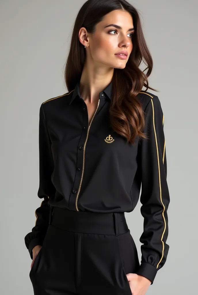 I created a long sleeve blouse with a gold line on each arm and gold lines on the edges with the logo 4*  on the left breast