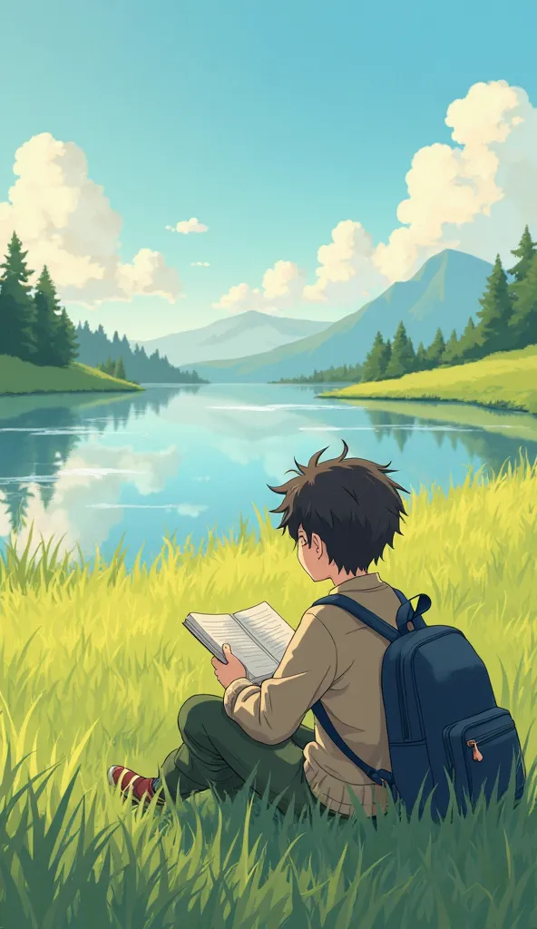 "A digital anime-style illustration of a young boy sitting in a field of tall green grass near a calm lake, reading a book. The golden sunlight of late afternoon bathes the scene, casting long shadows. The boy is wearing a light brown sweater and dark gree...