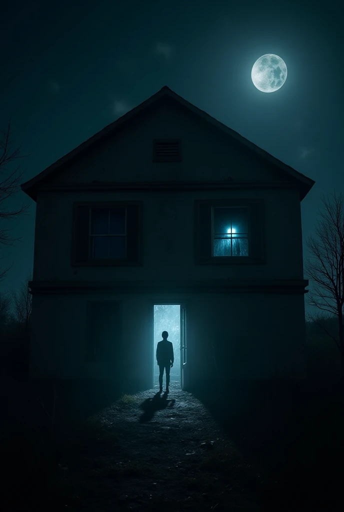 4k An abandoned house at night, with a faint ghostly figure visible in a window and a flickering light — maybe a frightened character standing at the gate.