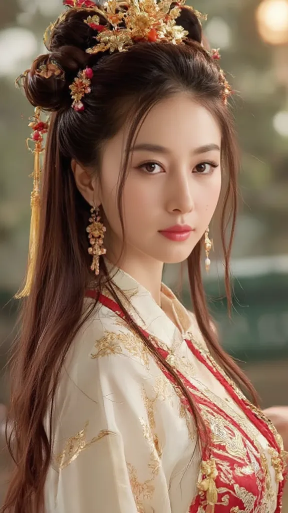 Realistic Anime Style。1 Girl， accurate depiction ， Brown hair ，Traditional Light Shan Garment Accessories，Rendered with Unreal Engine，Semen
Realistic，Background is Shanxi Chongqing Temple， Tang Dynasty poolside environment ，8k resolution。 Digital scene on ...