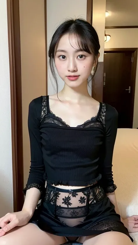   Unbelievably Beautiful Japanese Women, Matsui Reina, junior high school, ( top quality , 8k,  masterpiece :1.3),  masterpiece,  top quality ,  Skirt Flip,   black lace underwear 、sitting