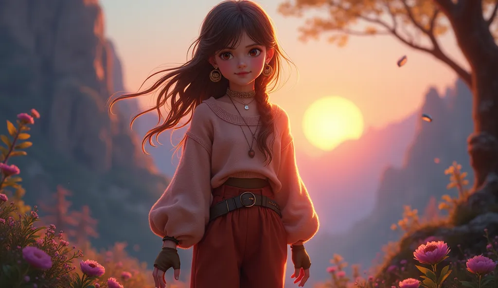 A confident and kind-hearted young girl, standing in a breathtaking fantasy landscape that complements her radiant aura. She carries a warm and welcoming presence, reflected in both her expression and the way light interacts with her.

Her outfit is a stri...