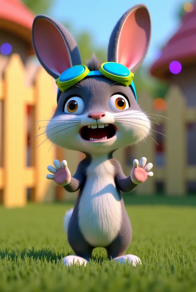 "Create a 3D scene in style Disney of an anthropomorphic rabbit with gray and white fur, big expressive ears and a charismatic face. He wears blue and green swimming goggles over his forehead and has an expression of surprise and apprehension,  with eyes w...