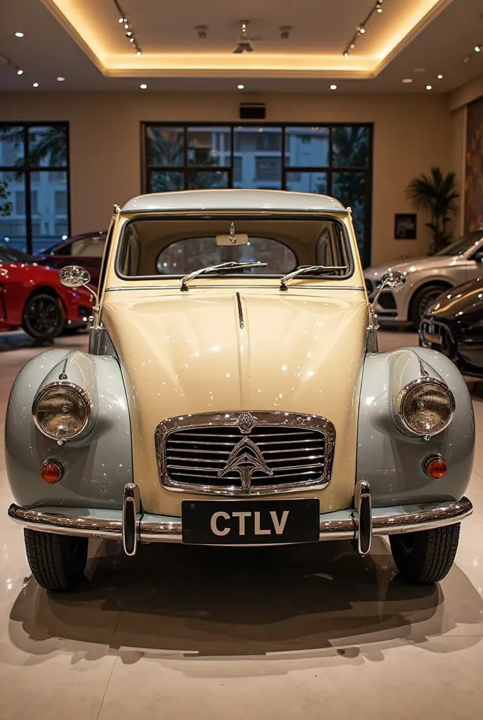 یہ رہا فرنٹ ویو کے لیے پرامپٹ، جو اسی رنگ اور اسٹائل کو برقرار رکھے گا:

"A beautifully restored vintage Citroën classic car, viewed from the front, showcased in a luxurious, well-lit showroom. The car has a glossy cream and silver finish, reflecting the a...