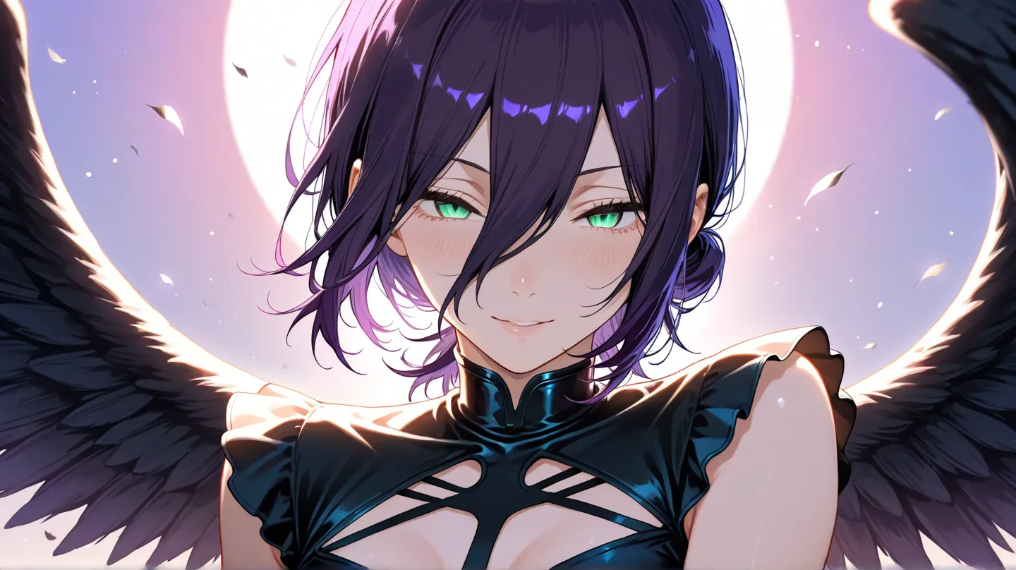 reze \(chainsaw man\), short hair,purple hair,green eyes,hair between eyes,Shining eyes,dark angel, dark-angel-attire, black dress, black wings