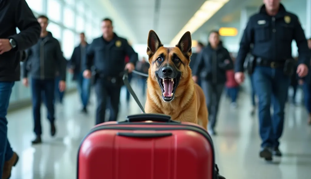 scene image at an airport, the police dog is frantically rushing forward, pulling the policeman behind with a black rope, the dog with a fierce face rushes forward barking loudly at the large red suitcase placed horizontally in front of the camera, as if w...