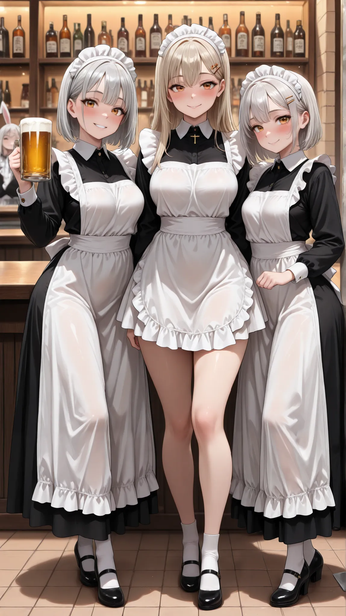 (((3 people,3girls,))),  side by side,full body, very cute face, cute girl, slightly transparent bar censor, ((Light golden or silver hair color)),  Bangs hang over both eyes, green,orange eyes ,big eyes, classical maid clothes ,underbob,beautiful skin,  h...