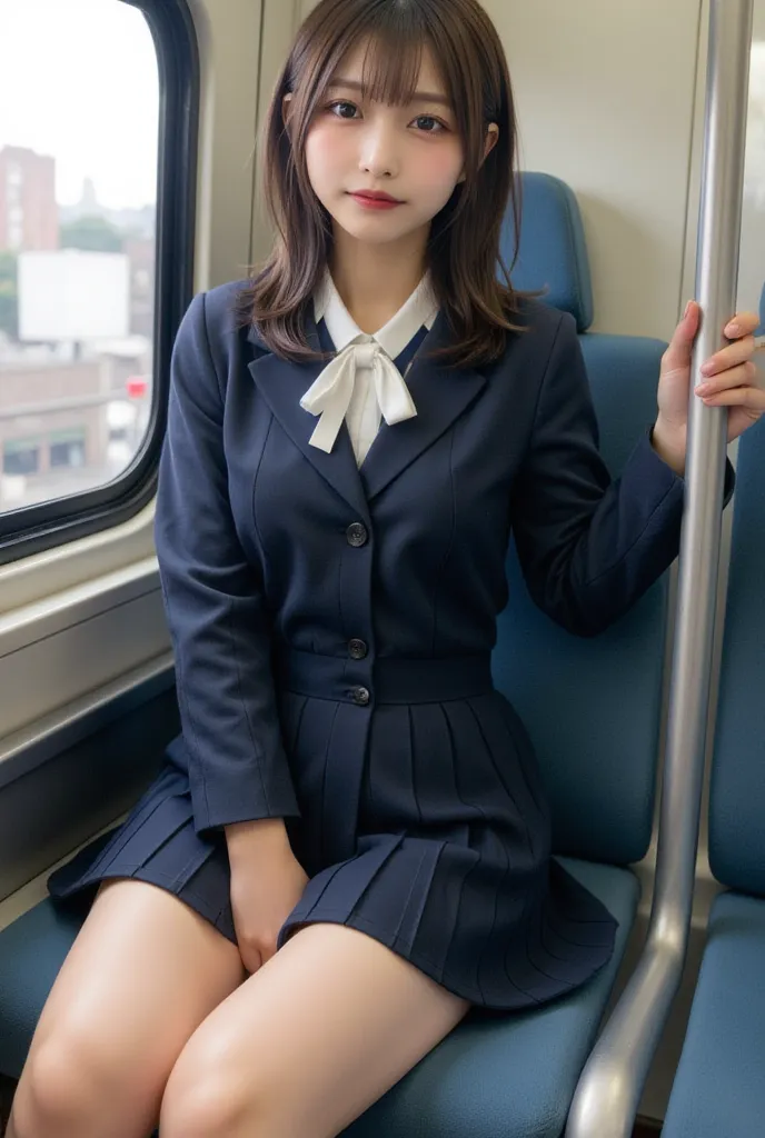  super realistic,  This is a realistic depiction of a Japanese female college student sitting in a train seat.  she's wearing a dress ,   including a navy blue blazer  , white shirt, pleated skirt,  A neatly tied ribbon or ribbon .   false lashes, her dark...