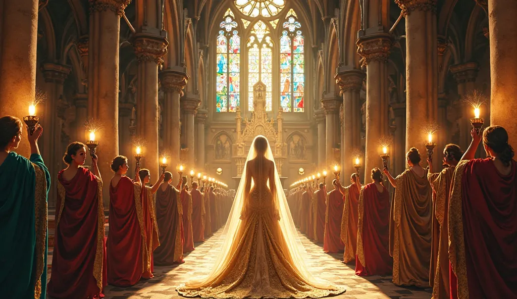 Bride dressed in gold and brocade, surrounded by virgins with lamps, entering a Gothic cathedral where Christ, as King, awaits her next to an altar – digital stained glass with vibrant tones and divine light.