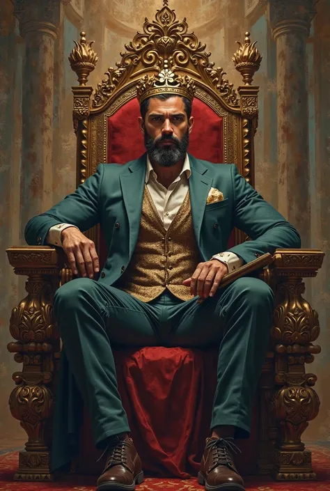 I want an image of a modern man with a powerful physique, Confident look elegantly dressed sitting on an ancient throne, with a crown on her head and a bible in her hands with a powerful pose that reflects trust and dominance, with a background of illustra...