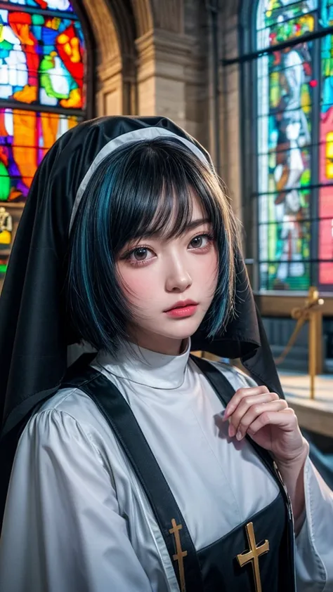 ( bob cut hair, beautiful, shiny light blue hair:1.2),( Checkpoint :1,  Black Veil:1,wearing a black clergyman costume:1.5),1 girl,Japanese,21 years old,(small breasts:1.3),(top quality,masterpiece:1.3,super A high resolution,),(very detailed,caustics),(Ph...