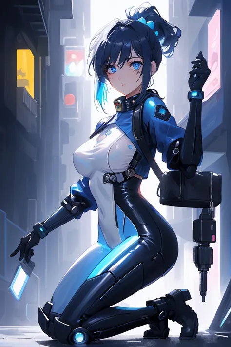 (masterpiece), (top quality), super high resolution, Sharp focus, (( 1 female, alone)), full body, detailed face、Sparkling detailed blue eyes、 cyberpunk theme 、navy blue enamel gloss bodysuit、 Beautiful Detailed Hair, dark blue hair, Long hair hanging down...