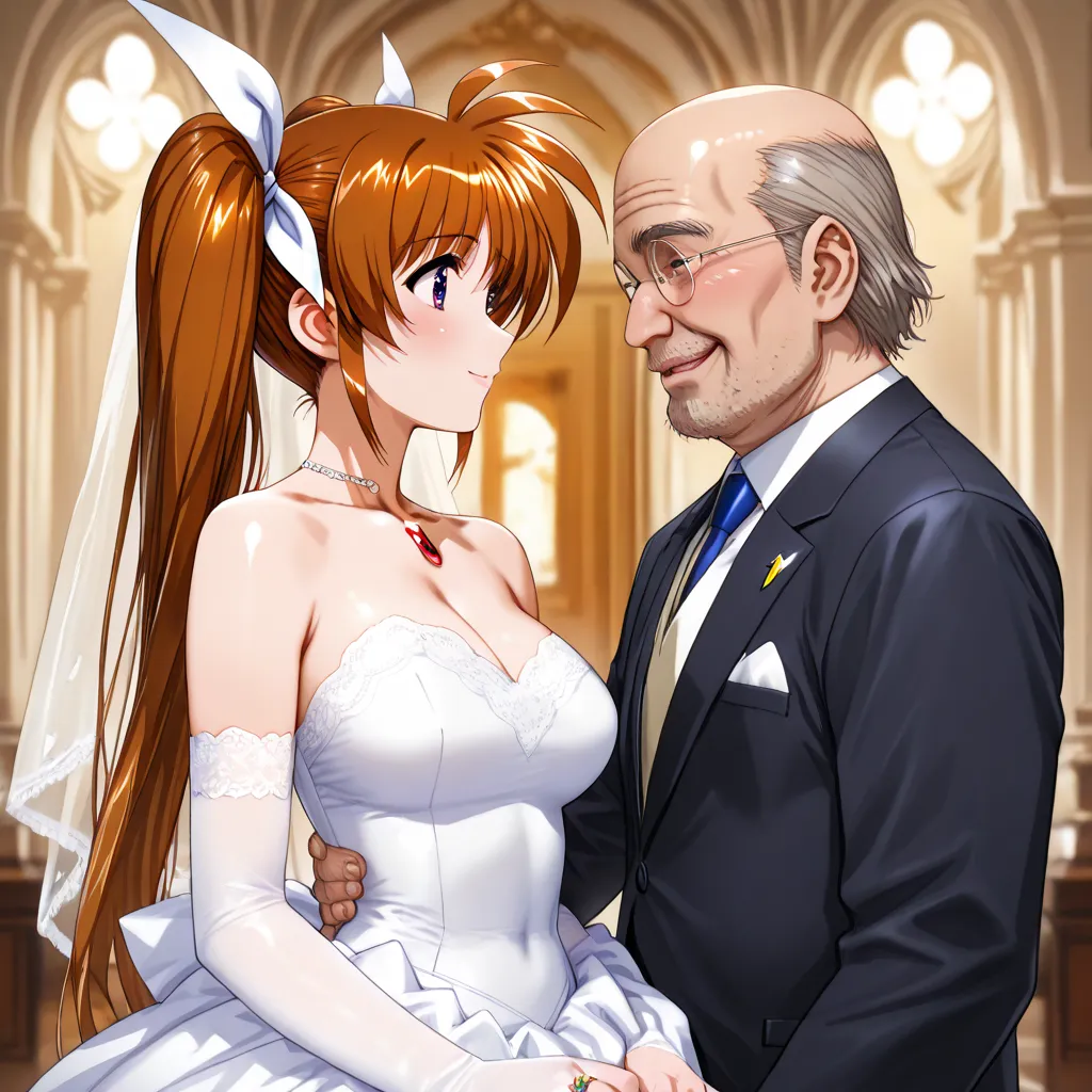 ((top quality)), ((masterpiece)), (details), （perfect face）、Nanoha Takamachi, who has excellent proportions, has a gentle smile, wears a gorgeous pure white brown wedding dress, is dressed with gorgeous jewelry accessories, has a wedding at a gorgeous, lar...