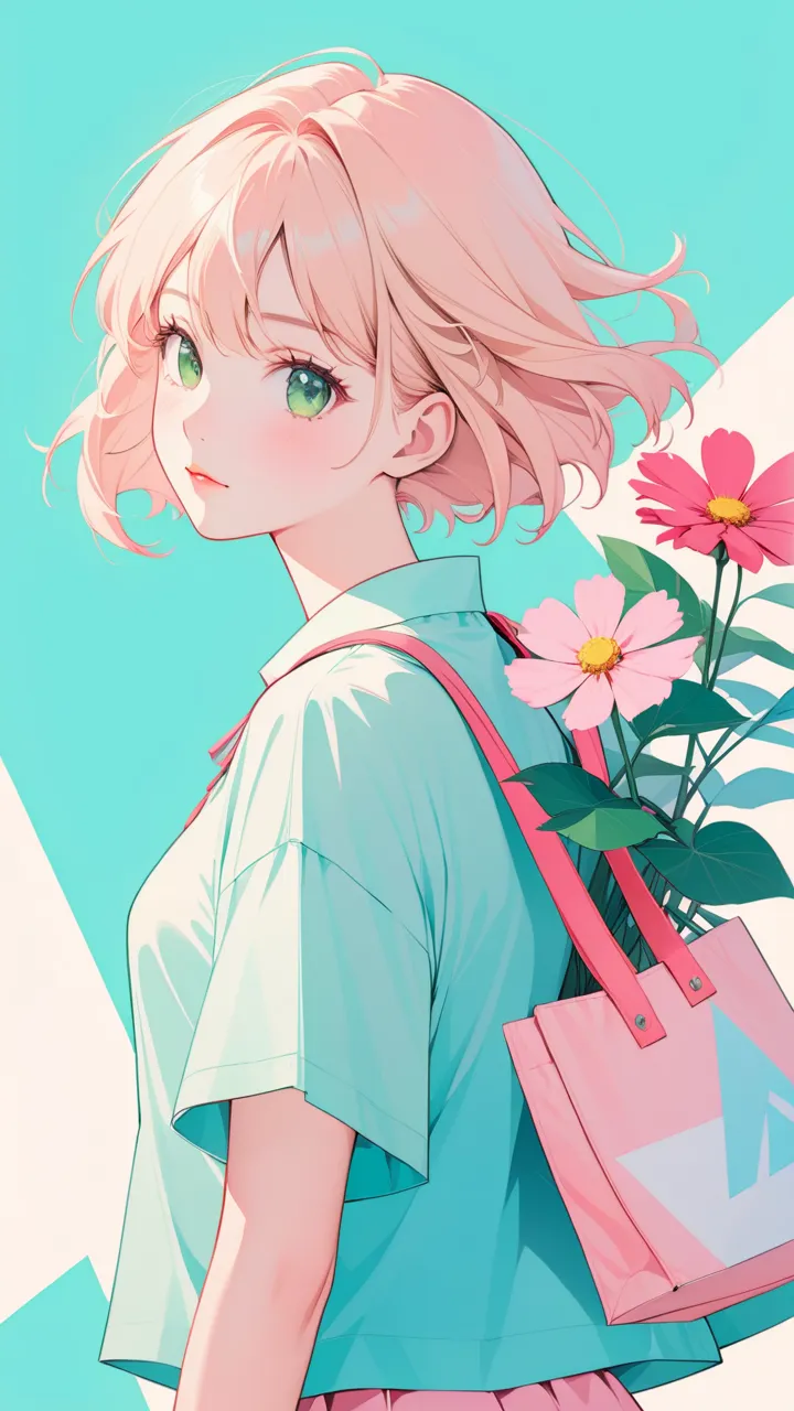 flat illustration， minimalism，geometry，Abstract Memphis，Anime portrait，closeup shot， A girl wearing，focus on your face， Wearing a light green shirt，pink short skirt，Holding a flower in hand ， light pink canvas bag on shoulder，Long Platinum Blonde Hair，lane...