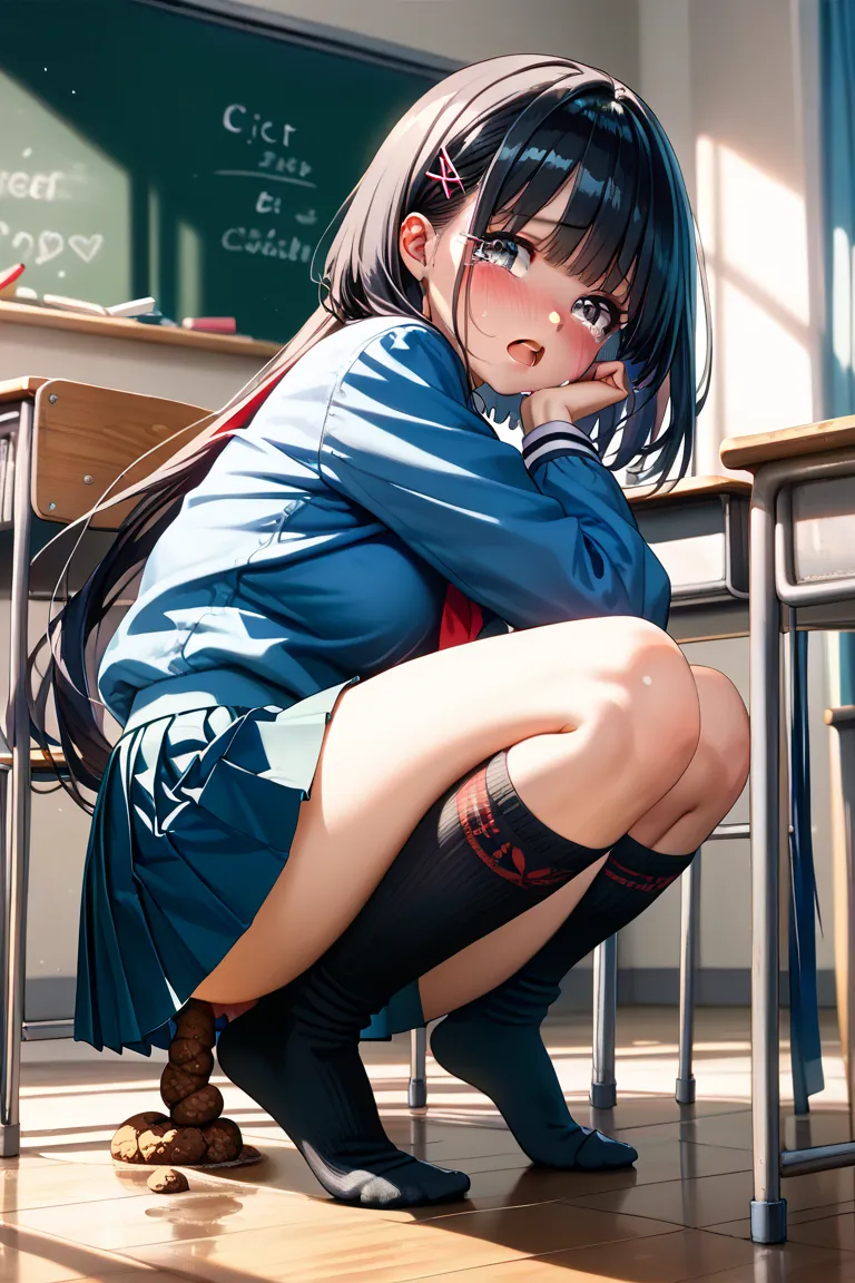  (((Turn around and cry))), 1 girl, Alone,(  black hair ),bob cut the blue cloth, dark eyes,throw,((( evening classroom ))), Crouching girl, uniform, (Student boots), (pleated skirt:1.5), Red Ribbons ,(black extra long socks:1.8),medium chest,masterpiece,c...