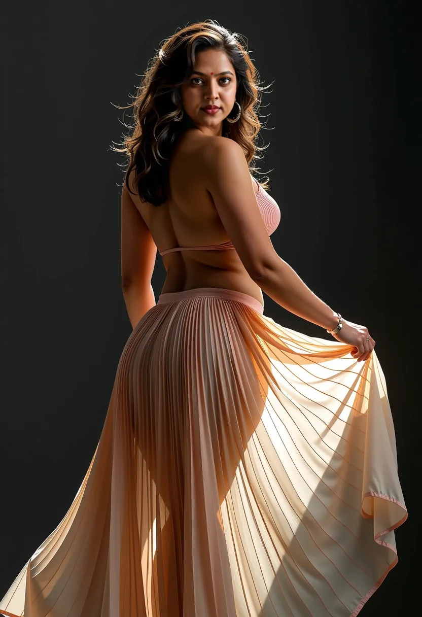 a mallu woman, voloptous body, pleated tranparet skirt, detailed portrait, voluptuous female figure, sensual pose, flowing sheer skirt, alluring expression, cinematic lighting, vivid colors, photorealistic, 8K, HDR, professional photography, fashion editor...