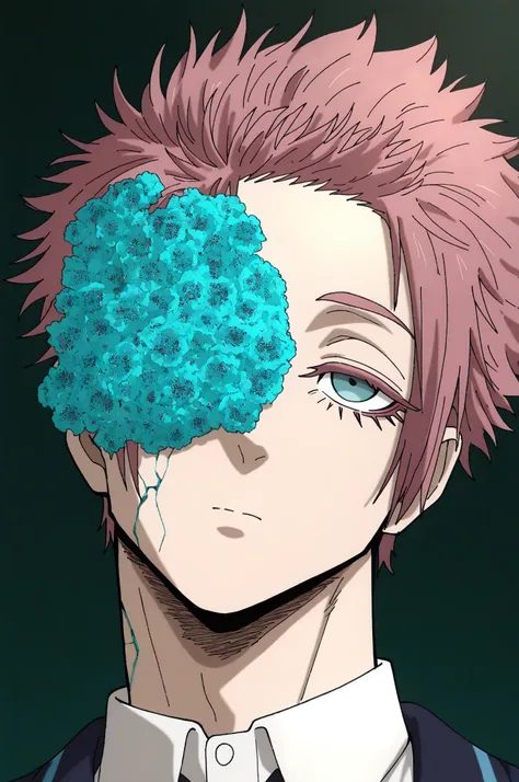 masterpiece, best quality, absurdres, safe
1boy, Itoshi Sae, Blue Lock, teal eyes, underlashes, reddish-brown hair
portrait, cracked skin, flower over eye, aqua flower