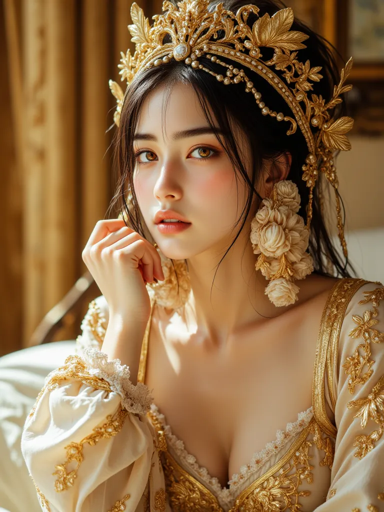 Excellent Performance, Top Quality,forehead, slightly low angle. Pale skin, Golden eyes ,  sweet appearance ,  Lips . Exquisite Luxury Gold Head Jewelry Set,  slippery flowing fabric , Fine line pattern, Metallic shadow , Flickering clothes decorated with ...