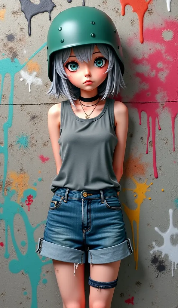 masterpiece, best quality skirt,  Tia shows up with a fairly slim figure .. She has grey-white hair  ,  Tia is represented with a fairly slim figure {x} she has short hair and big pale green eyes., haut court, shorts en jean, choker, (graffiti:1.5), paint ...