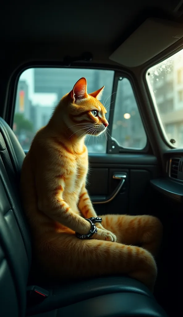 "A realistic cinematic scene of a fit, athletic yellow cat sitting in the back of a police car, wearing handcuffs. The cat looks calm but slightly defiant, staring out of the window. The police car interior is detailed, with a cage separating the front and...