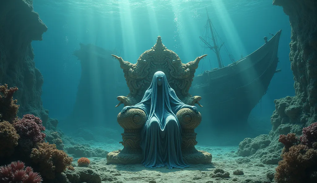 An octopus man sitting underwater on a coral throne behind him a sunken galleon