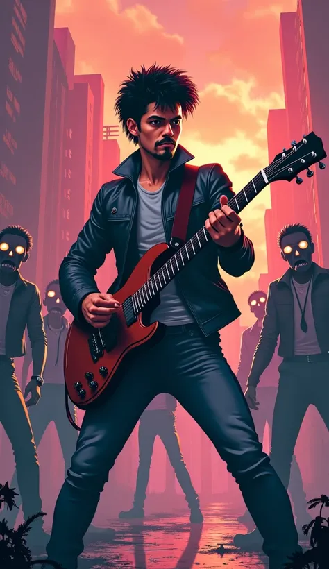 The white boy with the goatee and curly black hair fighting against zombies using a guitar to hit them in the retro game line