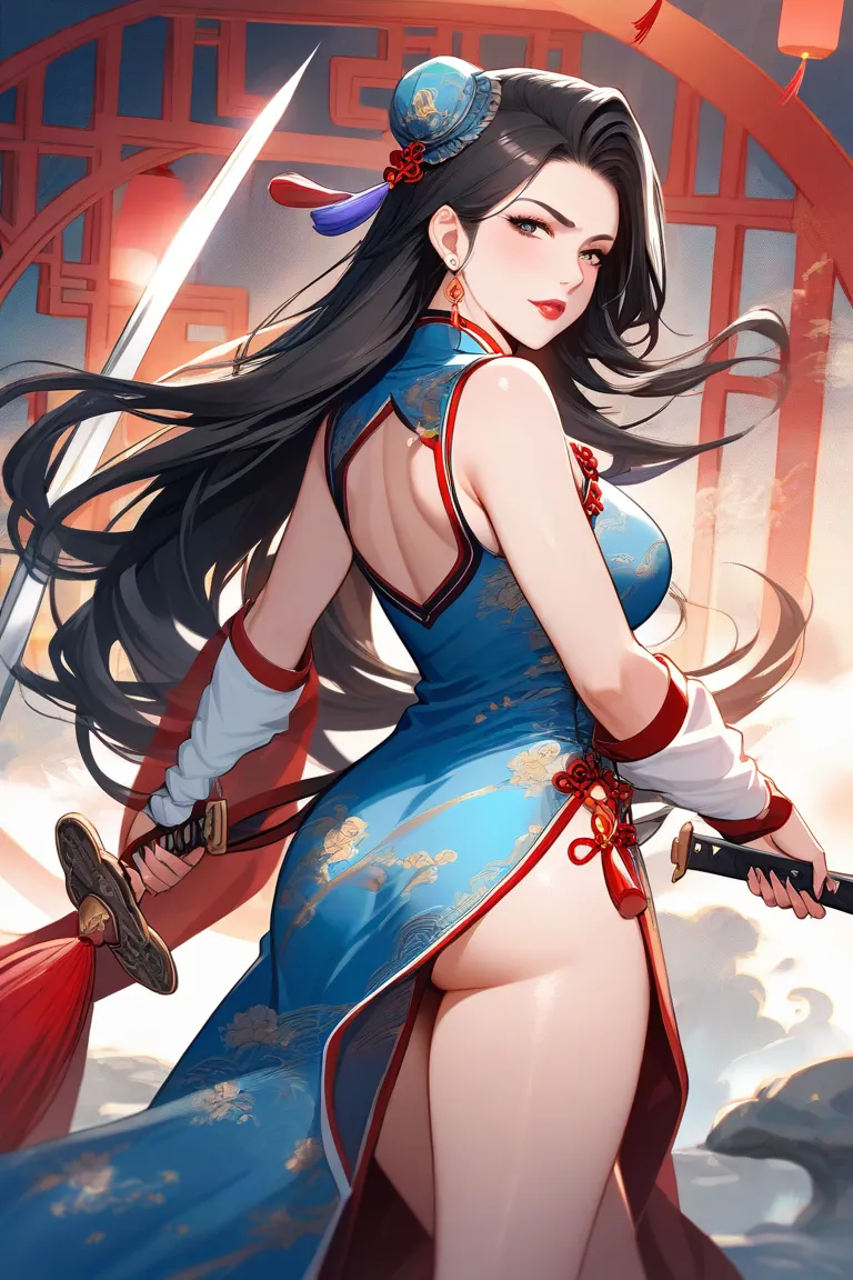 Beauty， mature，Sexy， black Long Hair， dressed in a Chinese costume ，holding a sword 