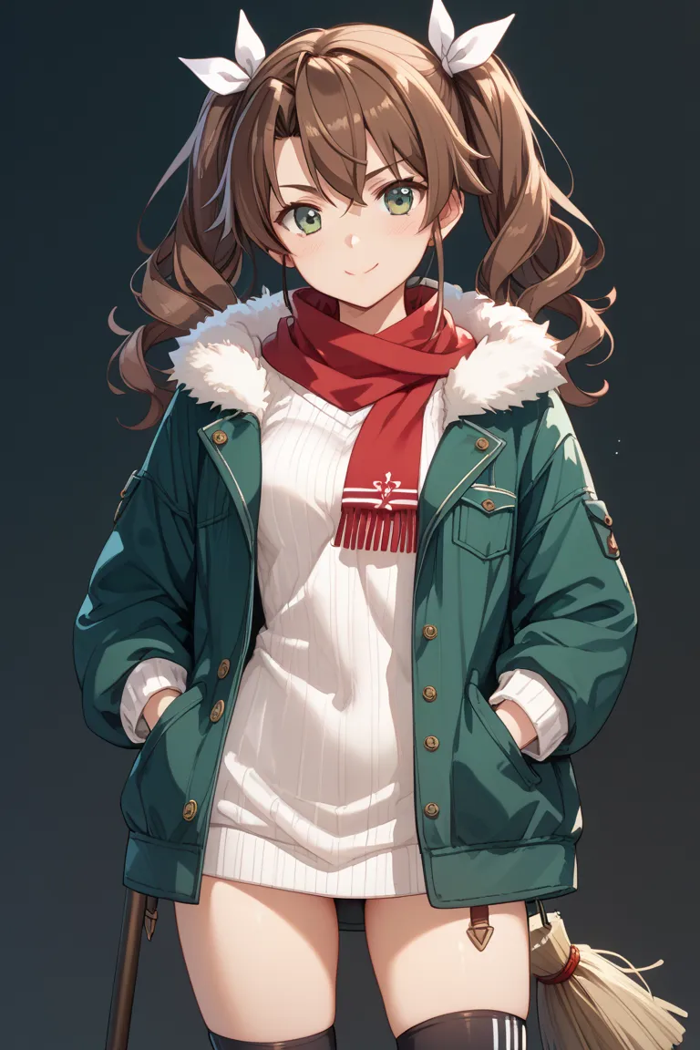 Kantai Collection、Zuikaku、Anime style young woman、long brown hair with twin tails and ribbons、 green fur coat 、red scarf、 white sweater、miniskirt、black knee socks、 Broom、standing figure with both hands in pockets、Confident Expression、Shadows are reflected ...