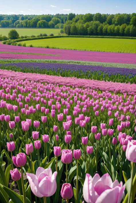 Paysage fleurie 
pacrettes tulipes... Dans une prairie avec des oiseaux et un beau ciel bleu 