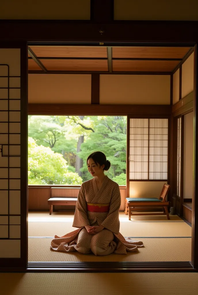 An Asian woman sits gracefully inside a traditional Japanese tea house, surrounded by tatami mats and sliding shoji doors. The room is illuminated by soft, ambient light, creating a calm and contemplative atmosphere. She wears a beautiful kimono, and her p...