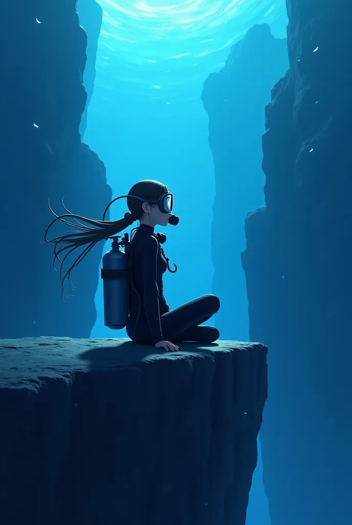 Anime-style diver girl, fully equipped in high-quality diving gear, sitting on a large, jagged rock at an immense ocean depth. Her diving mask with a clear visor and regulator attached to the mouthpiece are visible, adding to the realistic detail. The girl...