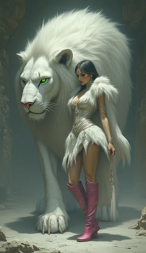 une femme aux yeux émeraude brillants, Chinoise, portant une courte robe en fourrure et des bottes roses, Do a fashion show with a majestic giant white lion