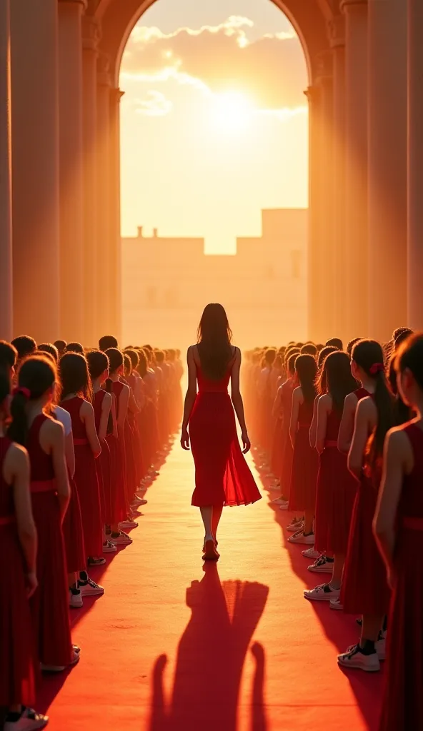 hyper-realistic 8K shot of a grand stage in the middle of the college ground, where elegantly dressed girls perform a ramp walk. The stage is lit by natural golden light filtering through the sky, and the audience—students with genuine, expressive faces—wa...