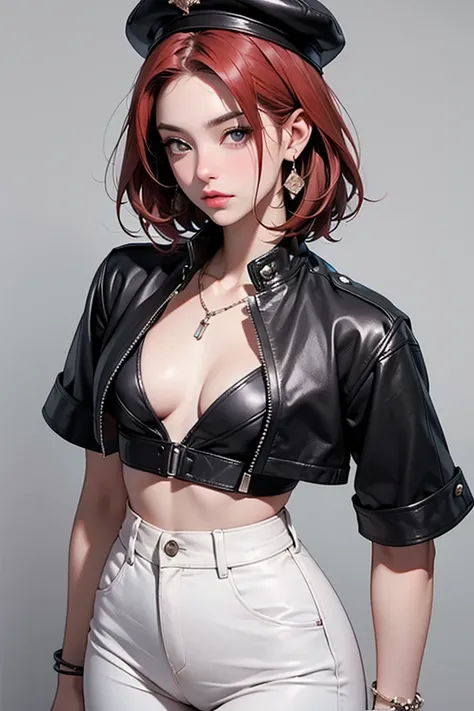 makes a character with a full body, tall slim body with curves, small bust and thin waist with black leather pants,  black cap , cropped white and leather jacket, and various accessories such as, bracelet, necklaces and rings and your face has these featur...