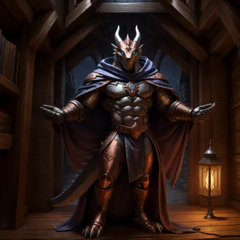 masterpiece,environment, super detailed,anime,detailed eyes, medieval copper-colored robotic dragon with magical blue eyes super muscular male, metallic copper body with runes embedded in the metallic body, wizard's cloak, Wearing dirty and old rags, metal...