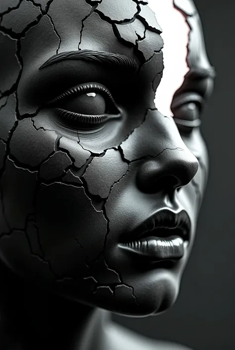 A hyper-realistic, high-definition black-and-white close-up photograph of a Black Metal woman sculpted from black marble. Her face is shattered by deep cracks, from which intense beams of cold white light burst forth, cutting through the surrounding darkne...