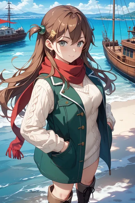 Kantai Collection、ship this、Zuikaku、- Appearance: long hair、twin tails、brown hair、with ribbon
- Clothing: deep green coat、Fur collar 、red scarf、 white sweater、miniskirt、black knee socks、brown long boots
- Poses: standing、hair accessory with both hands in p...