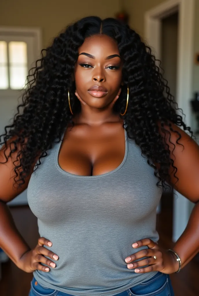 Chubby black Brasilian long curly woman with grey tank top  putting your hand on your waist close up  at home 