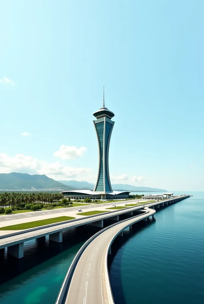 Design the well-defined, detailed and realistic of an international airport.
It is for General Villamil Playas, Ecuador, it would be located on a platform in the sea, with a runway designed for international air traffic and a modern control tower. 
Similar...