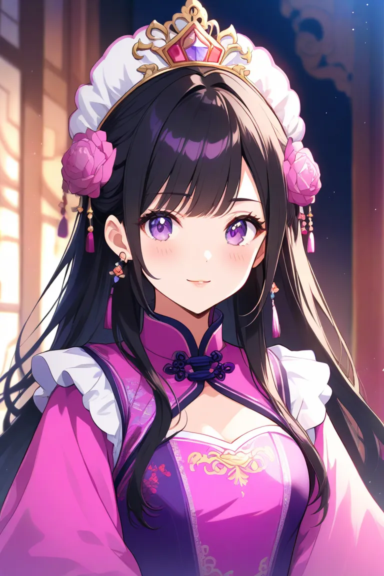 Beauty，black Long Hair， dressed in a purple Chinese costume ，princess 