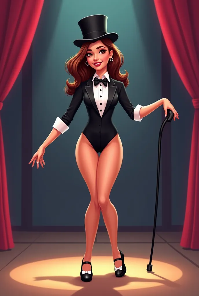 Cartoon sexy Mexican American woman in her 20s, brunette color, in a black tuxedo jacket leotard, white button shirt under her black tuxedo jacket, white socks, and black Mary Jane tap shoes,, tap dancing on stage, cartoon sexy, white bow on the front part...