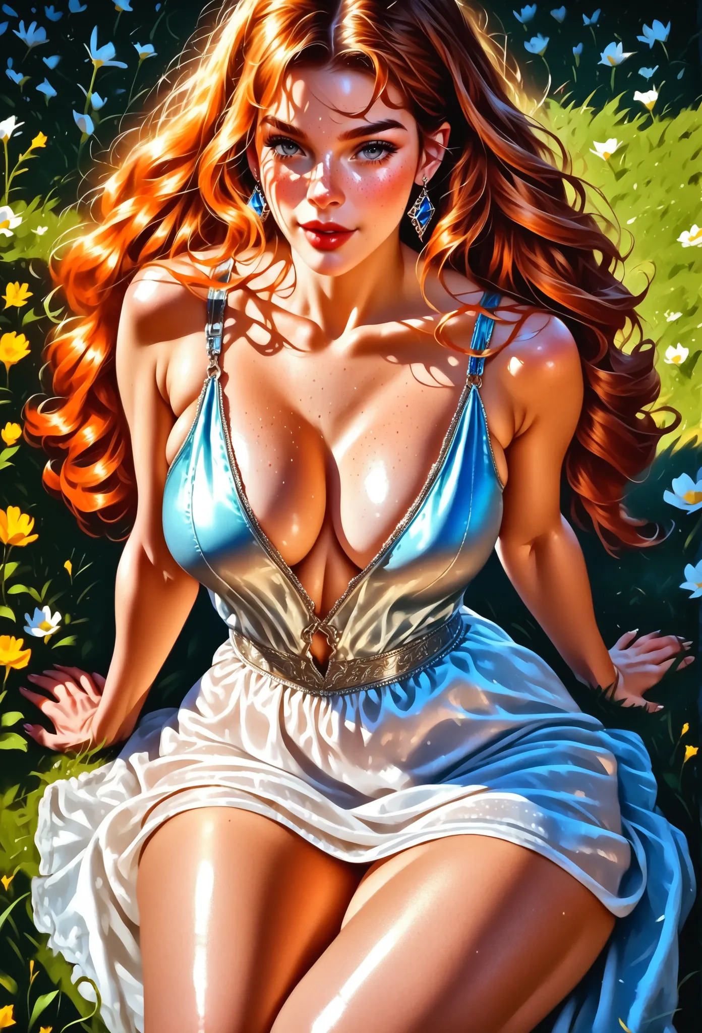 ((best quality)), ((masterpiece)), (detailed), beautiful Chubby Woman, irish redhead, long wavy ginger hair, light freckles, grey eyes, (big breasts), wide hips, thick thighs, curvy body, voluptuous, (fantasy art:1.3), highly detailed face, beautiful artwo...