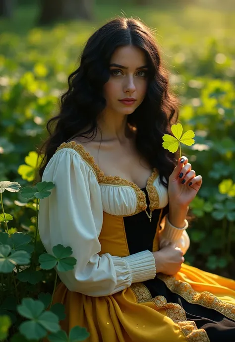 " a white-skinned woman,  with long black hair , wavy, sitting in a vast garden filled with clovers with four shiny leaves. The shamrocks shine with golden sparks, creating a magical and enchanting environment. She wears an elegant white bodice and a golde...