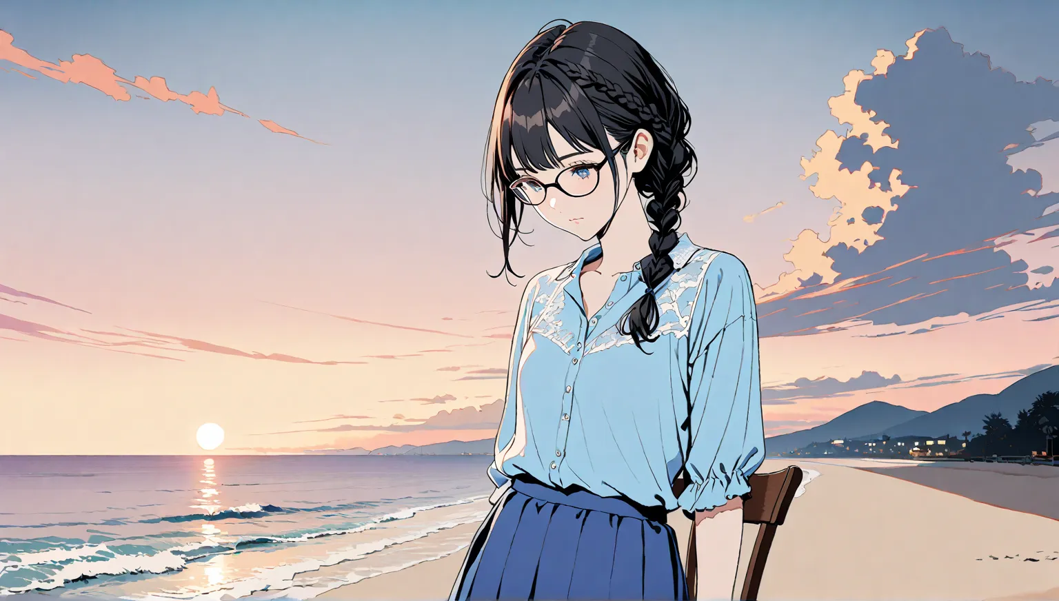 ((cloud))、((alone)),((Seaside in the evening)),wind、((Front View)),((Standing on a chair placed on a sandy beach)),expressionless,((black hair braid long hairstyle)),(((black rimmed glasses))),masterpiece, Highest quality, Beautiful attention to detail, Ve...